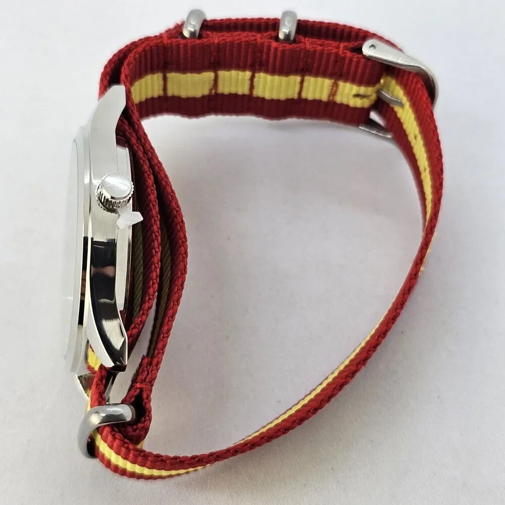 Men's 42MM Field Watch Black Dial Gray‎ Case Red Yellow Canvas Band Strap
